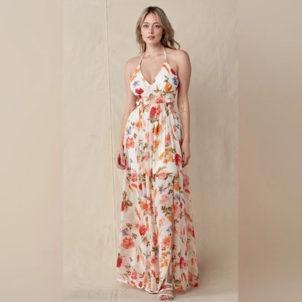 Papaya size Medium Maxi Sundress w slit and cutouts on side, mini skirt lined